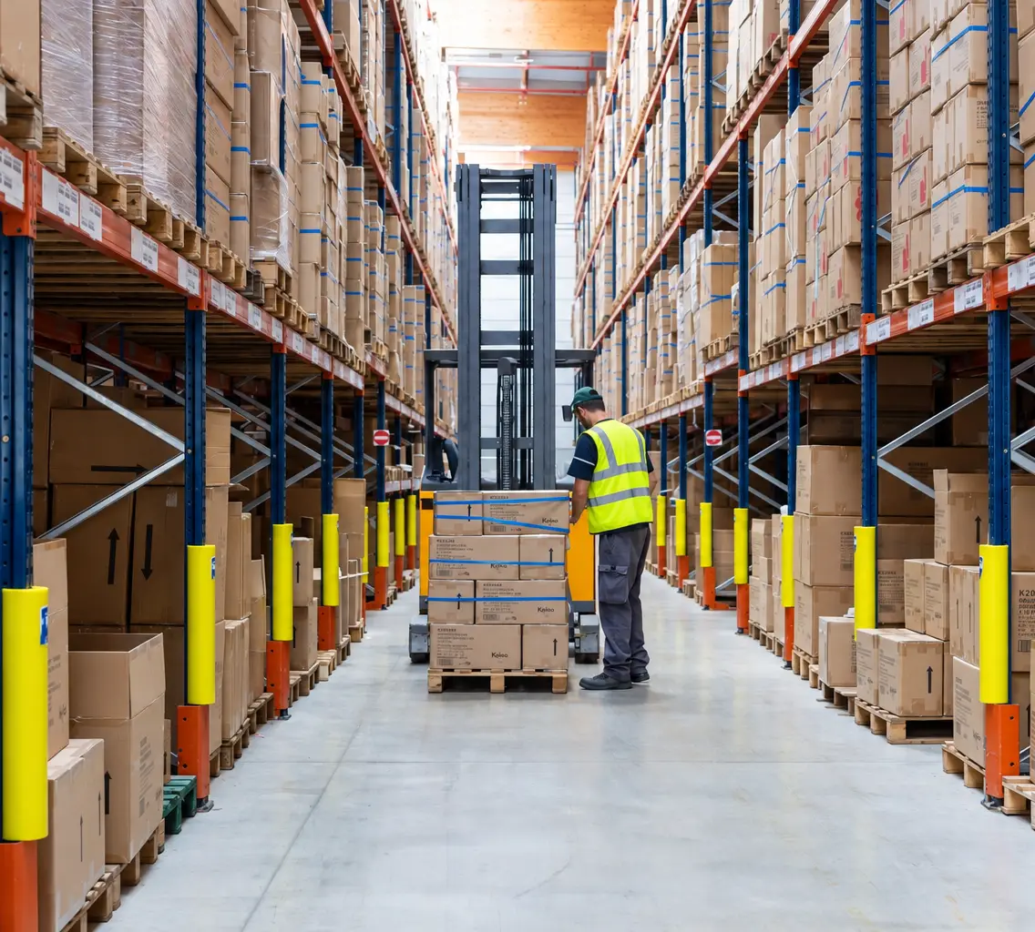 Équipe logistique Perrenot en gilet de sécurité devant les racks d'un entrepôt