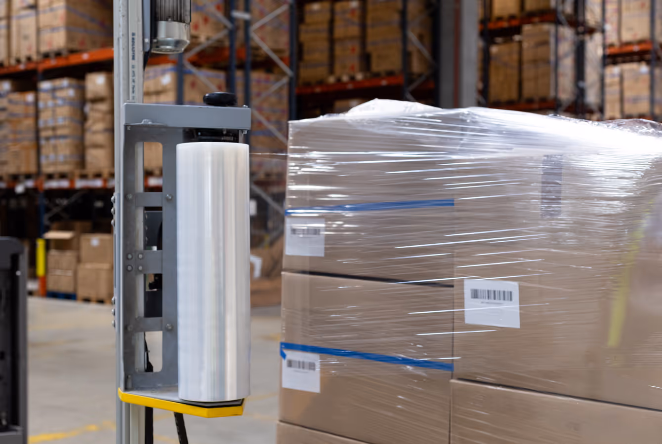 Banderoleuse enveloppant une palette de cartons